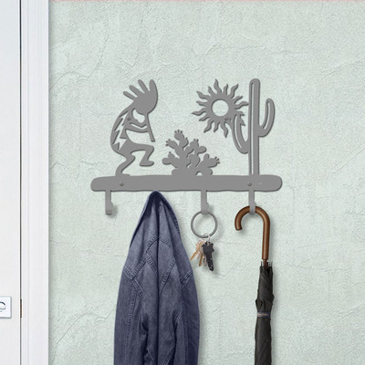 Southwest Decor Kokopelli Scene Solid Metal Decorative Wall Hooks - 18in W with 4 Hooks Unpainted