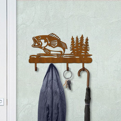 Fishing Theme Bass Fishing with Trees Solid Metal Decorative Wall Hooks - 18in W with 4 Hooks in Rust