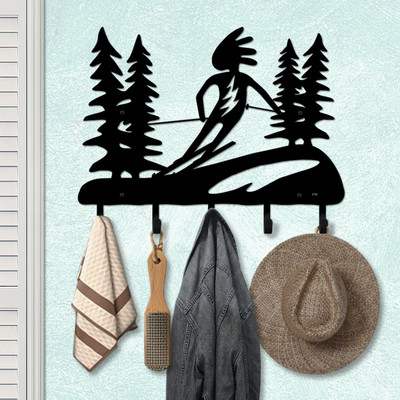 Sports Theme Kokopelli Skier Solid Metal Decorative Wall Hooks - 24in W with 5 Hooks in Black