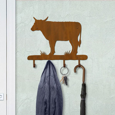 Country Decor Standing Bull Solid Metal Decorative Wall Hooks - 18in W with 4 Hooks in Rust