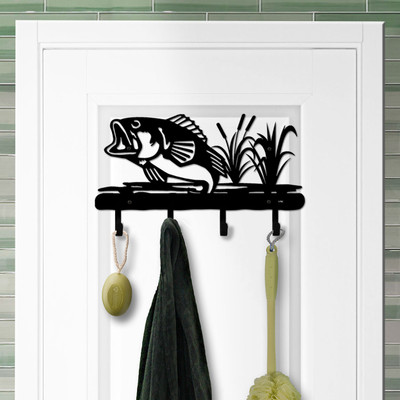 Fishing Theme Bass Fishing in Reeds Solid Metal Decorative Wall Hooks - 18in W with 4 Hooks in Black