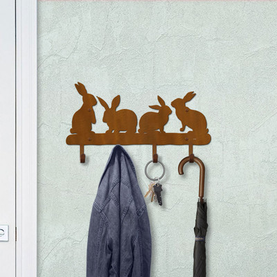 Animal Theme Bunnies Solid Metal Decorative Wall Hooks - 18in W with 4 Hooks in Rust