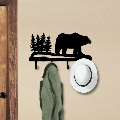 Lodge Decor Bear Scene Solid Metal Decorative Wall Hooks - 18in W with 4 Hooks in Black