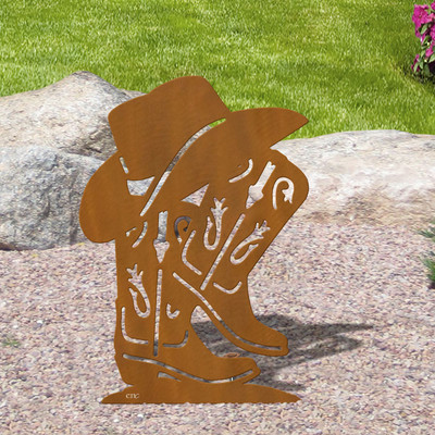 Western Decor Cowboy Hat and Boots 18-30in Rust Metal Garden Art