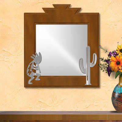 Southwest Decor Kokopelli and Cactus 16in Wide Accent Mirror - Rust Patina