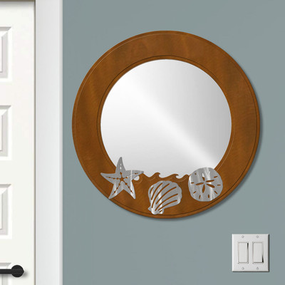 Coastal Decor Seashells 21in Decorative Round Mirror - Rust Patina