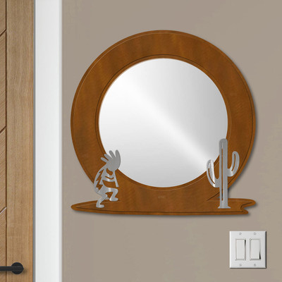 Southwest Decor Kokopelli and Cactus 21in Decorative Round Mirror - Rust Patina