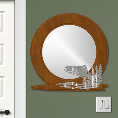 Fishing Theme Jumping Trout 21in Decorative Round Mirror - Rust Patina
