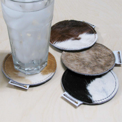 Assorted 4in Round Cowhide Asorbent Hair-On Leather Drink Coasters with Backing