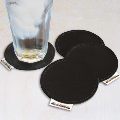 Smooth Black Leather 4in Round Cowhide Drink Coasters with Backing