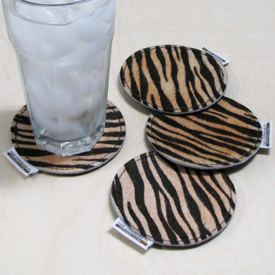 Tiger Print 4in Round Cowhide Asorbent Hair-On Leather Drink Coasters with Backing