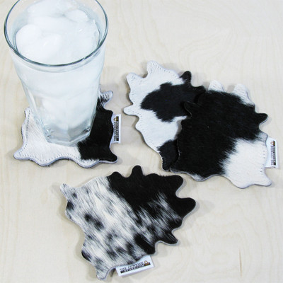 Holstein Black and White Cowhide Shaped Asorbent Hair-On Leather Drink Coasters with Backing