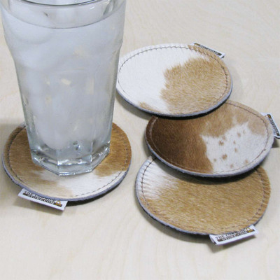 Brown and White 4in Round Cowhide Asorbent Hair-On Leather Drink Coasters with Backing