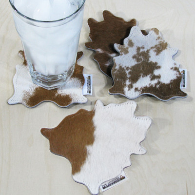 Brown and White Cowhide Shaped Asorbent Hair-On Leather Drink Coasters with Backing