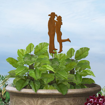 Western Decor Cowboy Lovers 10.1in H Garden Planter Accent with 21in Stake