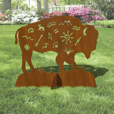 36in or 42in  Wide Bison with Petroglyph Icons Western Decor Rust Metal Sturdy Outdoor Yard Art Lawn Statue Sculpture - Made in USA