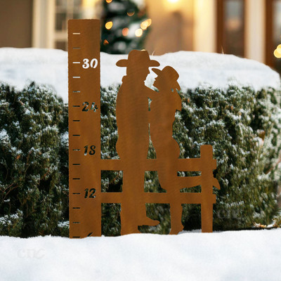 Cowboy Lovers 36-inch Snowfall Gauge Rust Metal Yard Sculpture - Outdoor Lawn Art
