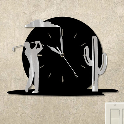 Golfing Man and Cactus Sunset Wall Clock in satin black