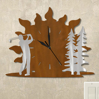 Golfing Man and Trees Sunrise Wall Clock in rust patina