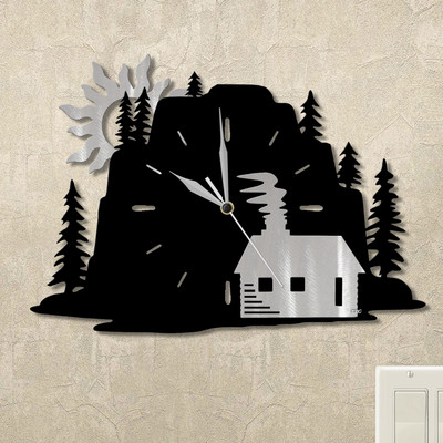 Cabin Evergreen Mountain Wall Clock in satin black
