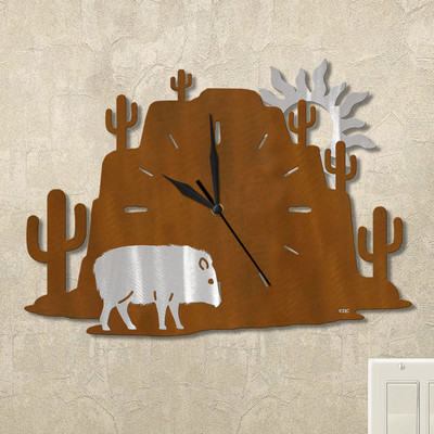 Javelina Cactus Mountain Wall Clock in rust patina