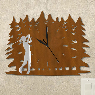 Golfing Woman Trees Wall Clock in rust patina