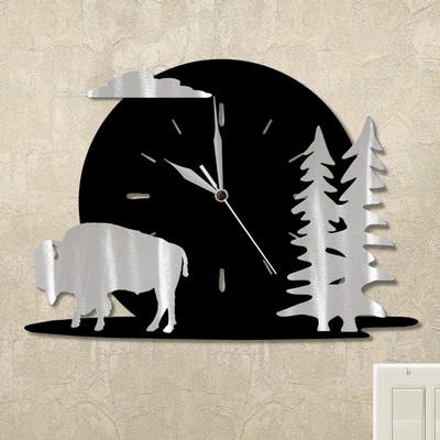 Buffalo and Trees Moonrise Wall Clock in satin black