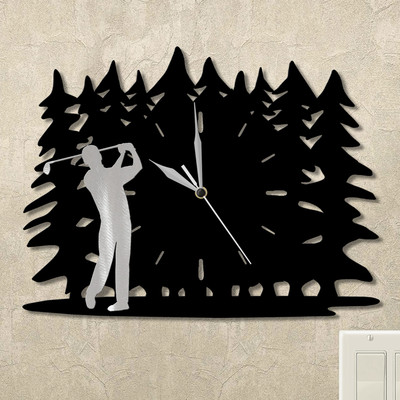 Golfing Man Trees Wall Clock in satin black