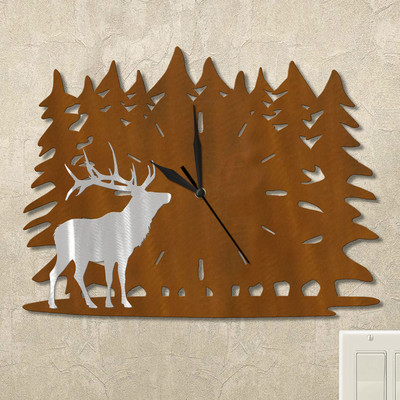 Elk Trees Wall Clock in rust patina