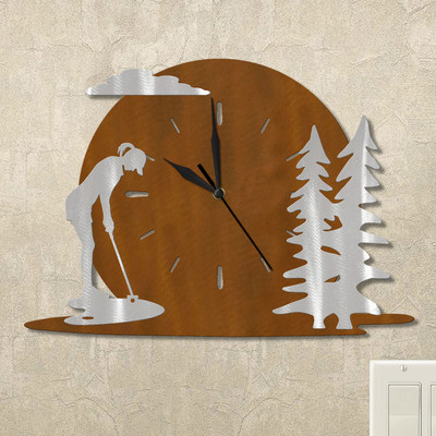 Woman Putting and Trees Sunset Wall Clock in rust patina