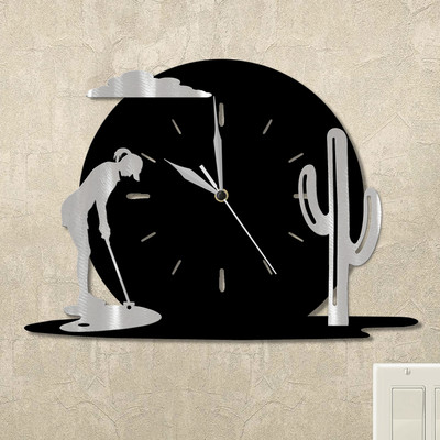 Woman Putting and Cactus Sunset Wall Clock in satin black