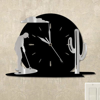 Man Putting and Cactus Sunset Wall Clock in satin black