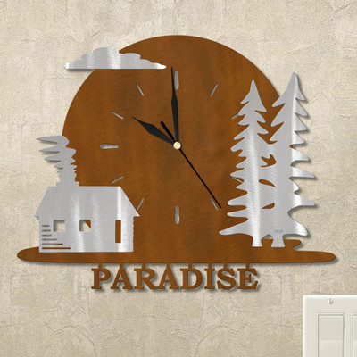 Cabin in the Woods Moonrise Personalized Wall Clock in rust patina
