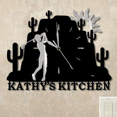 Golfing Woman Cactus Mountain Personalized Wall Clock in satin black