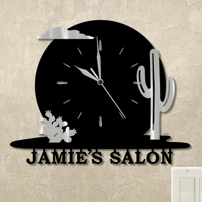 Cactus Moonrise Personalized Wall Clock in satin black