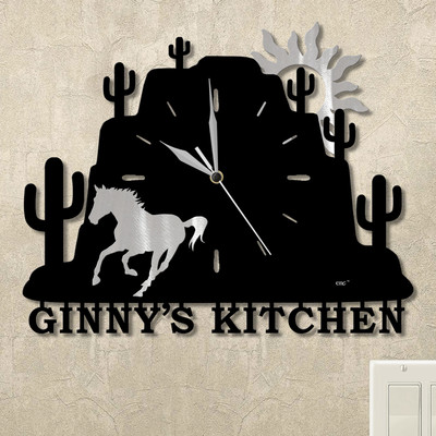 Running Horse Cactus Mountain Personalized Wall Clock in satin black
