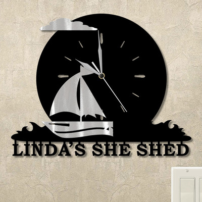 Sailboat Ocean Moon Personalized Wall Clock in satin black