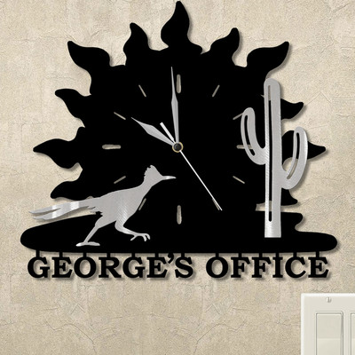 Roadrunner and Cactus Sunrise Personalized Wall Clock in satin black