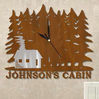 Log Cabin Trees Personalized Wall Clock in rust patina