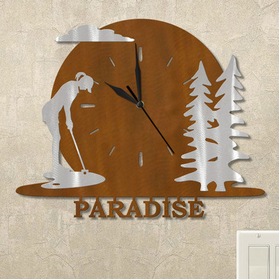 Woman Putting and Trees Sunset Personalized Wall Clock in rust patina