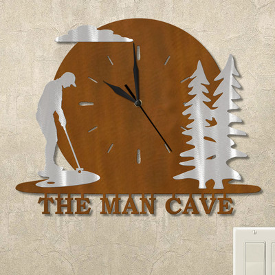 Man Putting and Trees Sunset Personalized Wall Clock in rust patina
