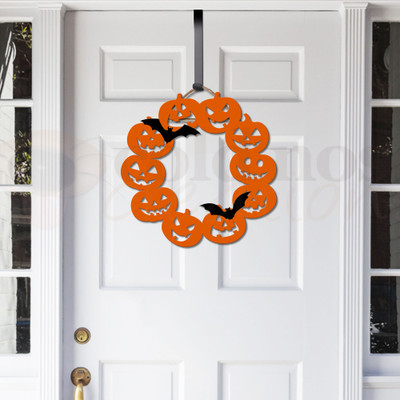 Jack-O-Lanterns Halloween 22in Wreath - Orange on Door