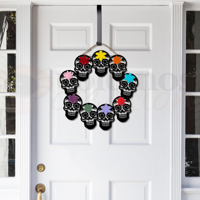 Day of the Dead Skulls Halloween 22in Wreath - Black on Door