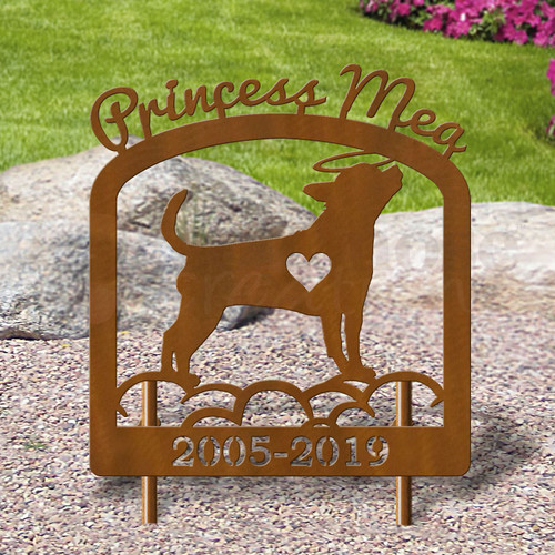Custom Made Chihuahua Pet Memorial - 16in W Sturdy Upright Metal - Rust Patina with Script Lettering