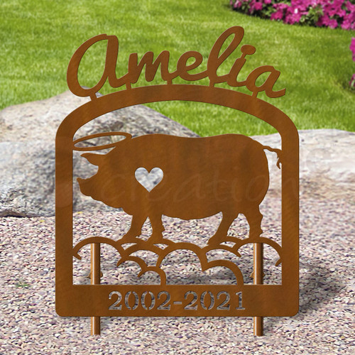 Custom Made Pot Bellied Pig Pet Memorial - 16in W Sturdy Upright Metal - Rust Patina with Script Lettering