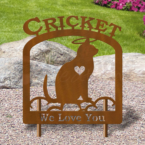Custom Made Cat Facing Right Pet Memorial - 16in W Sturdy Upright Metal - Rust Patina with Block Lettering