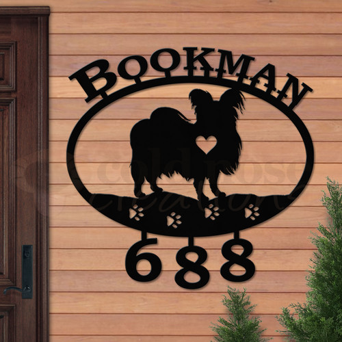 Custom Dog Theme Papillon Name and Address Oval Outdoor Wall Sign - satin black with block font