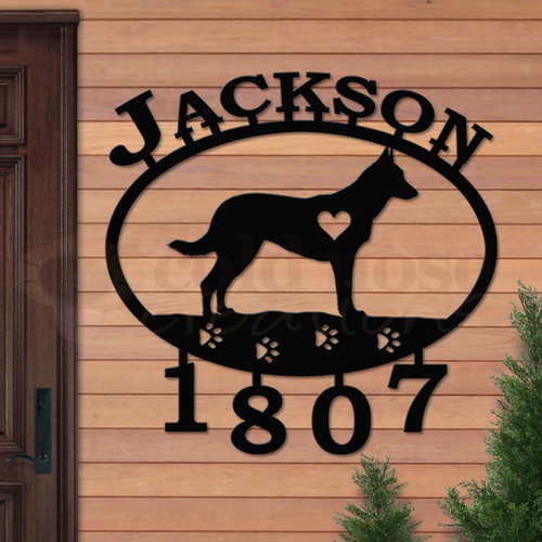 Custom Dog Theme German Shepherd Name and Address Oval Outdoor Wall Sign - satin black with block font