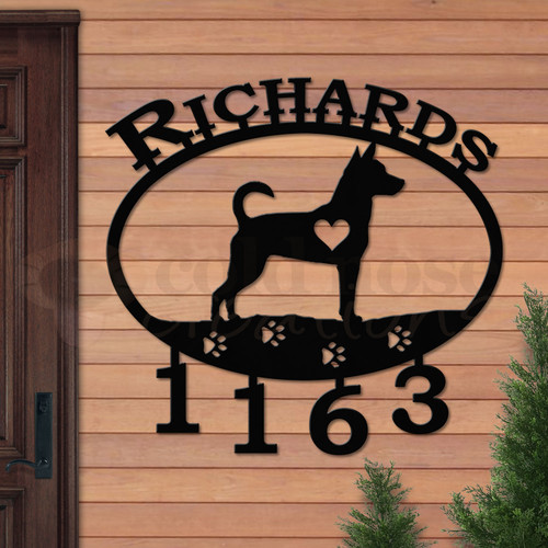 Custom Dog Theme Rat Terrier Name and Address Oval Outdoor Wall Sign - satin black with block font