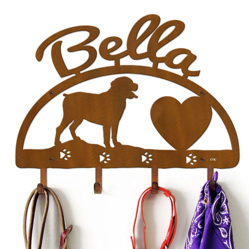 Rottweiler Personalized Leash Organizer Wall Hooks- Choose Color or Paint it Yourself - heart script rust